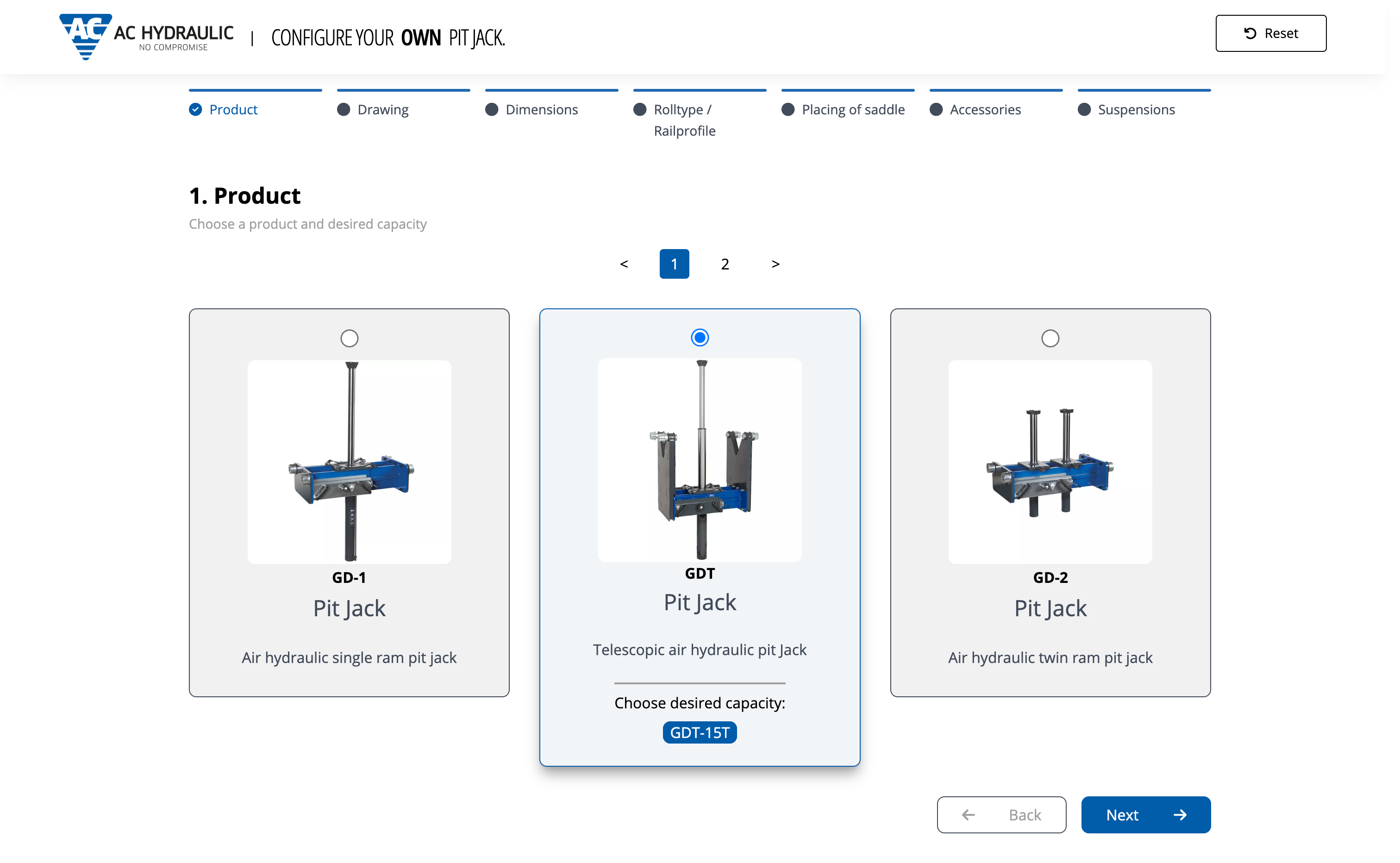 Published AC Hydraulic configurator on the product and capacity step